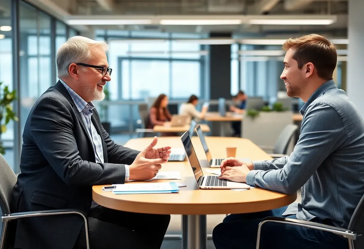 An experienced mentor, dressed professionally, is sitting with a new employee in a modern, bright office environment. They are having a friendly and engaging conversation around a meeting table, with the mentor offering guidance and answering questions. Laptops and documents are on the table, indicating a productive exchange. In the background, other colleagues are working, creating a collaborative and welcoming atmosphere. The scene conveys a sense of human support, mentorship, and the transmission of company culture.