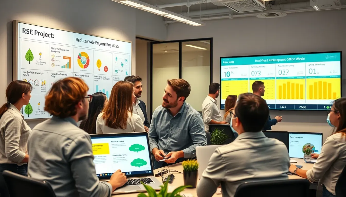 Des employés de bureau collaborant autour d'un tableau numérique pour proposer et suivre des idées liées à la réduction des déchets, tout en utilisant un intranet pour soumettre leurs suggestions et suivre les résultats en temps réel. L'atmosphère est dynamique et orientée vers la sensibilisation et l'engagement environnemental.