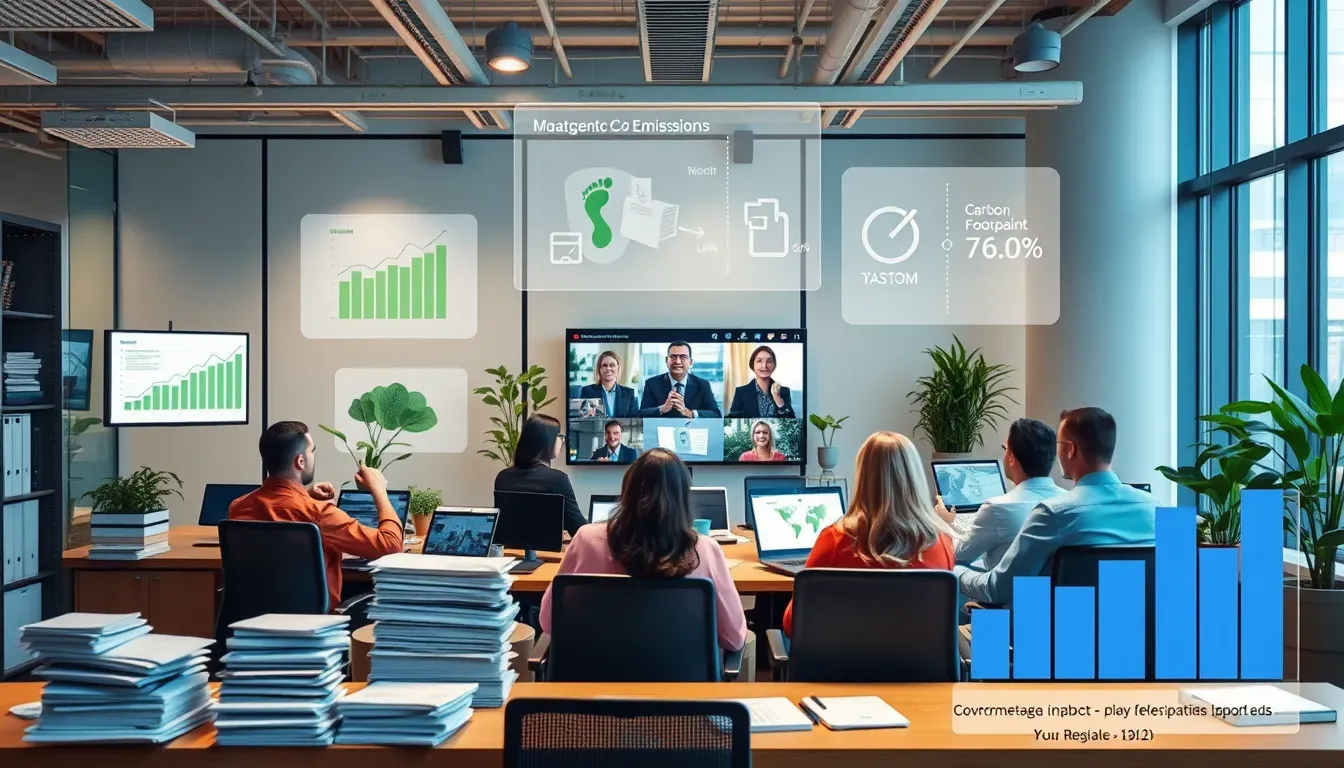 Illustration d'un bureau moderne où les employés collaborent via des outils numériques, réduisant l'utilisation de papier et les déplacements grâce aux visioconférences, symbolisant la réduction de l'empreinte écologique grâce à la numérisation des processus internes.