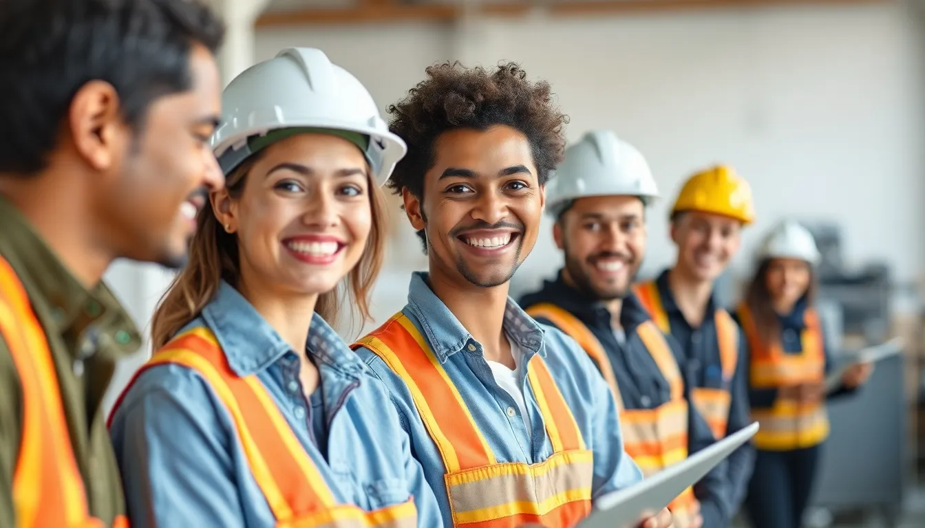 A picture of a group of employees happy and smiling while doing their job.