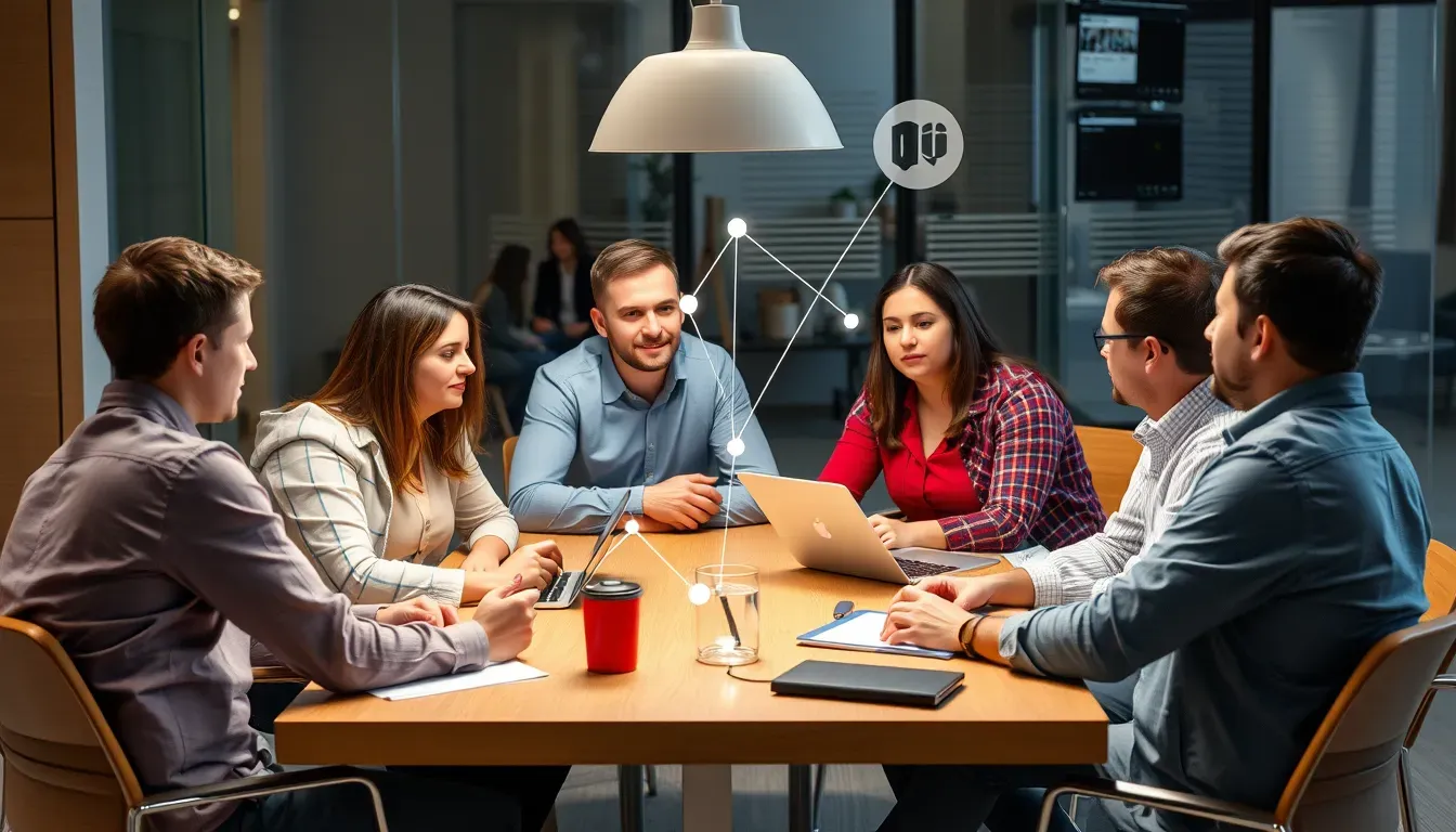 Des employés de différents départements, assis autour d'une table ou communiquant via des outils numériques comme Slack ou Microsoft Teams, connectés par des lignes symbolisant une communication fluide et collaborative.