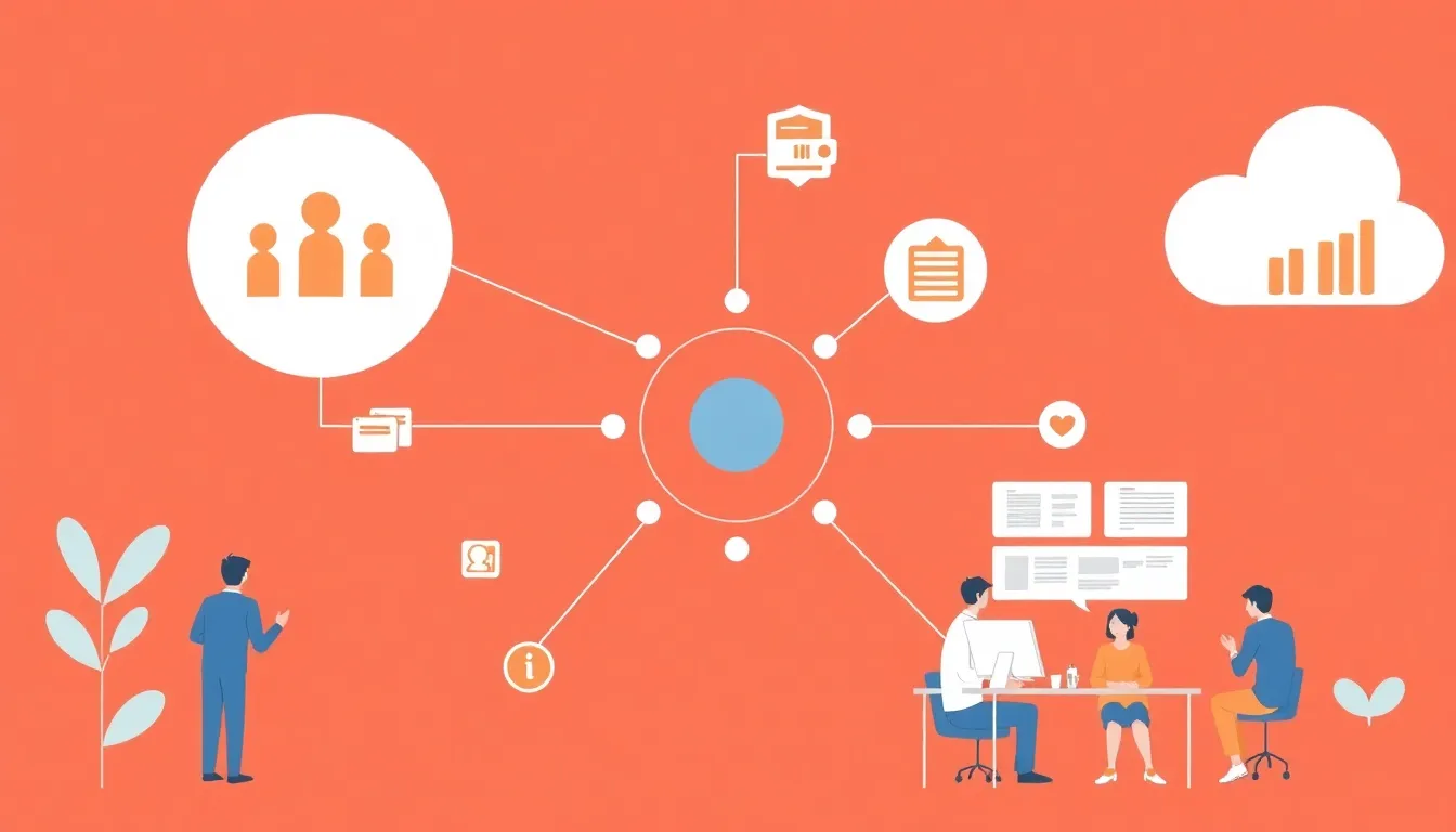 photo showing a dynamic, modern office environment with employees collaborating efficiently. The scene should depict key aspects of an intranet: a team discussing around a meeting table with laptops open, some interacting via video calls, and others using shared digital documents displayed on screens. Include subtle tech elements like charts, messaging interfaces, and project management dashboards on visible screens. The office should have a professional, bright atmosphere with diverse employees, showcasing seamless communication, collaboration, and engagement.