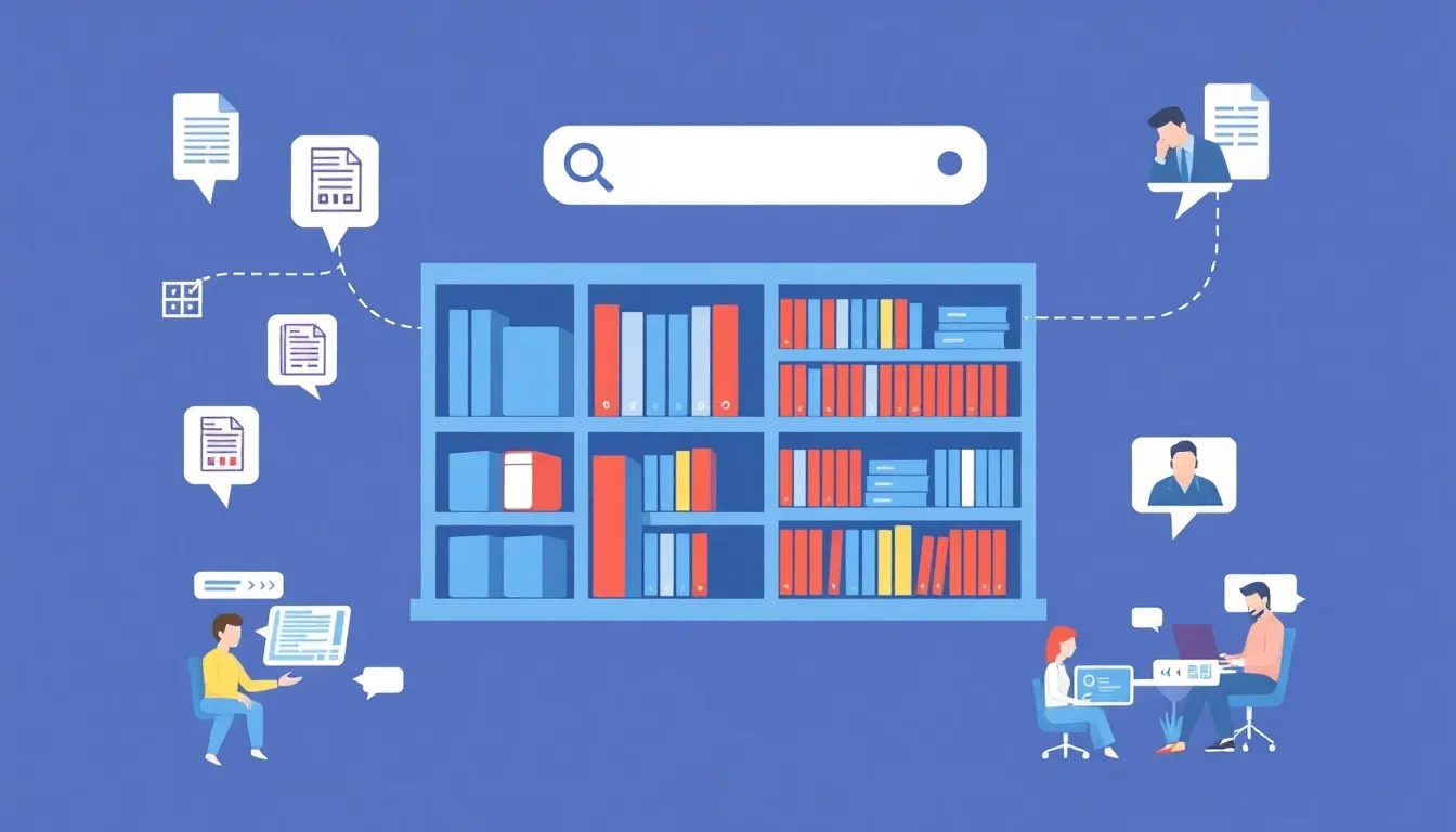 An illustration of a digital library representing an intranet's ability to centralize knowledge and improve collaboration. Show a well-organized digital library with icons for key documents like manuals, reports, and policies. Include a search bar with a magnifying glass icon to symbolize quick access to information. Around the library, depict teams collaborating via chat bubbles, video call screens, and shared documents to emphasize seamless teamwork across different locations. The style should be modern and clean, reflecting efficiency and connectivity