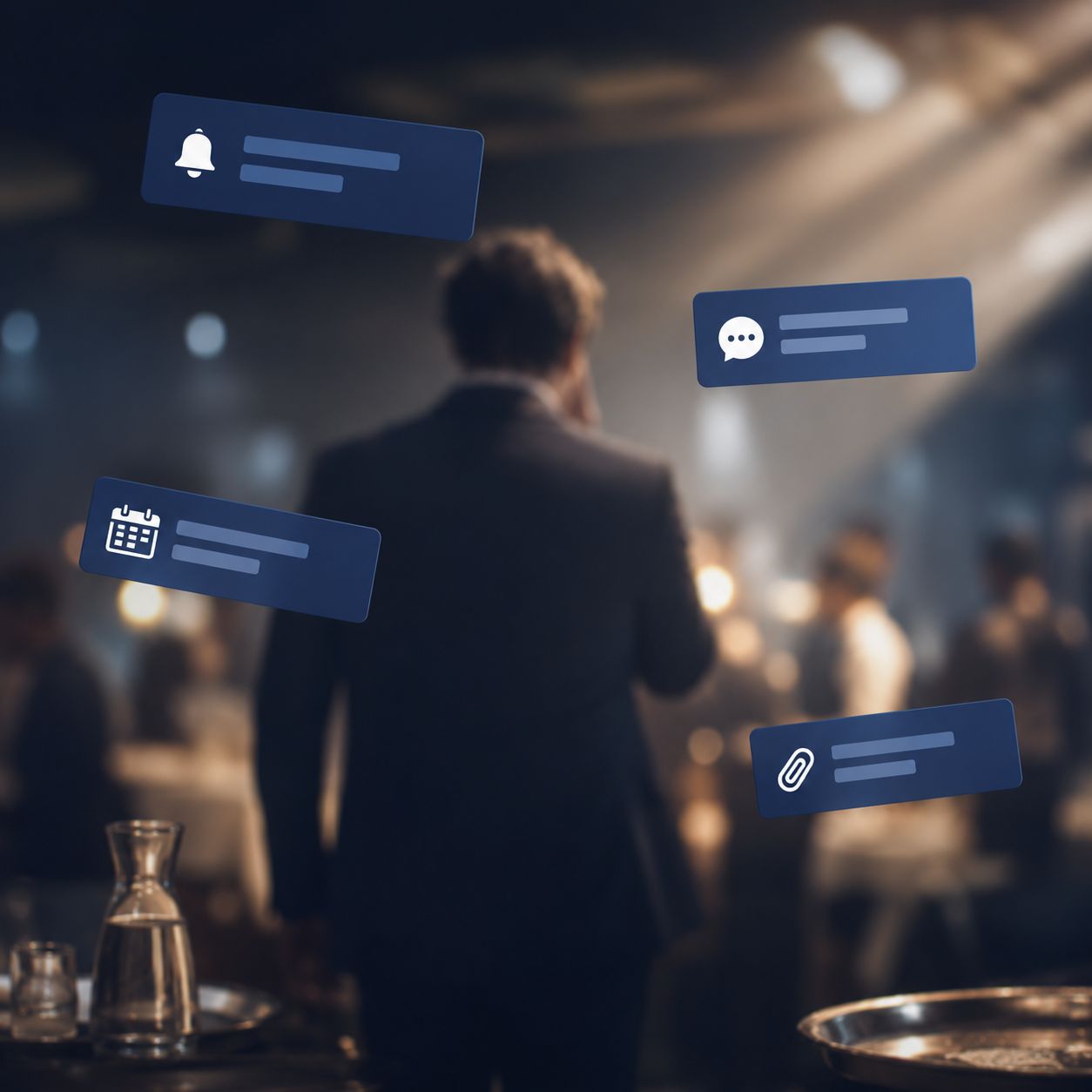 Notifications scattered in every direction around a manager: the info exists, no one knows where.