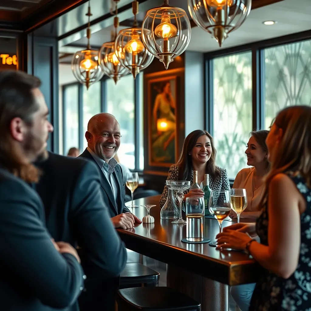 A group of cheerful clients enjoy lively conversation at the bar of a stylish restaurant while waiting for their table. The elegant atmosphere and friendly interactions enhance their dining experience as they anticipate being seated.