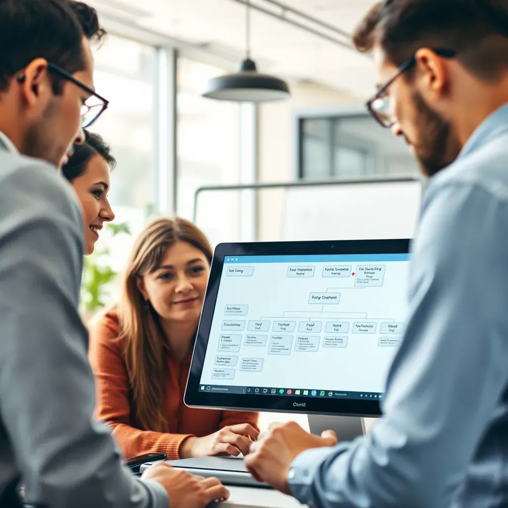 Colleagues collaborating around a digital organization chart on a screen, highlighting teamwork, modern technology, and real-time communication in a dynamic business environment.