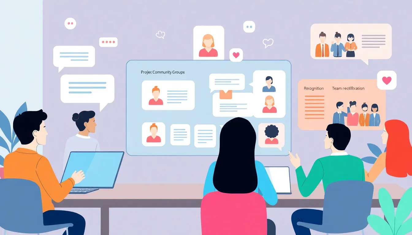 An illustration of a participative workplace using an intranet to boost employee engagement and motivation. Show employees interacting with a digital platform that features spaces for idea sharing, community groups, and feedback tools. Visual elements include chat bubbles for discussions, icons for likes and comments, and collaborative groups exchanging ideas. Also, depict recognition features, such as project success highlights and team celebrations. The style should be modern and engaging, emphasizing a vibrant, inclusive environment where employees feel heard and motivated.