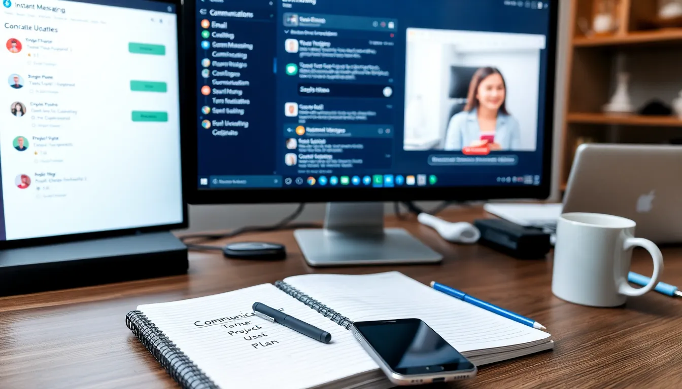 An image showing a remote work communication setup, with a computer screen displaying multiple communication tools such as instant messaging, email, and project management software. The screen is organized with tabs labeled 'Instant Messaging,' 'Email,' and 'Project Updates,' highlighting clear communication methods. On the desk, there is a notebook labeled 'Communication Plan' alongside a smartphone with a messaging app open. The workspace is tidy and professional, featuring a coffee mug and some stationery. In the background, a person is preparing for an online training session about using these tools, representing the importance of structured virtual communication. The scene conveys the efficient handling of communication in a remote work setting.