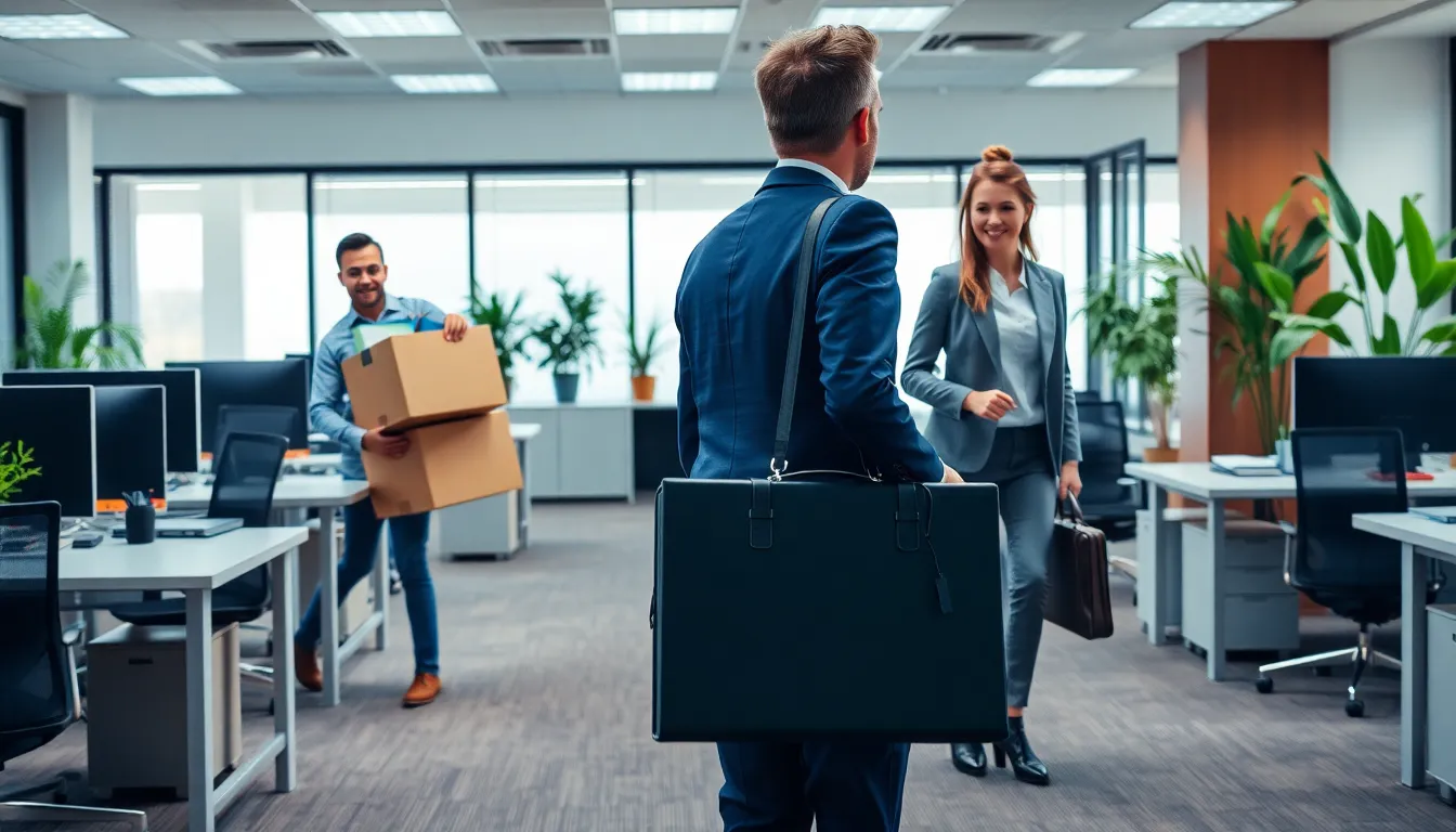 An picture of an office environment showing one employee packing up belongings, symbolizing their departure, while a new employee is arriving, holding a briefcase and looking toward an empty desk. The setting is a modern office with desks, computers, and plants, giving a welcoming yet dynamic feel. The departing employee is shown with a box of personal items, while the arriving employee looks optimistic and ready to start. The color palette is warm and professional, with shades of blue, grey, and green, emphasizing both transition and renewal in the workplace.