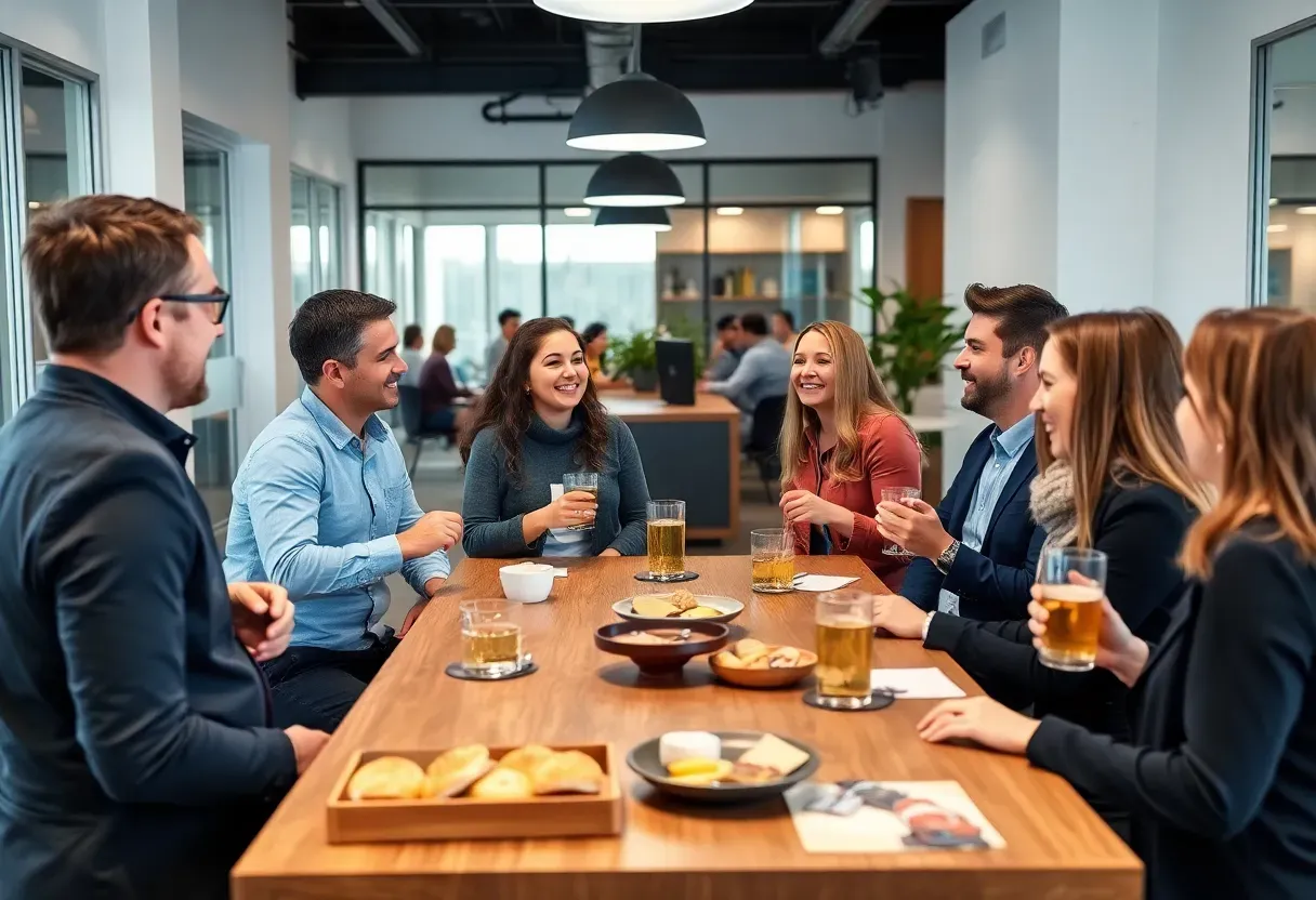A welcoming event with colleagues gathered around a table in a modern office lounge. The atmosphere is casual and friendly, as they enjoy snacks and drinks, engaging in light conversation. The new employee, smiling and interacting with others, is at the center of attention, while the manager introduces them in an informal and warm manner. In the background, you can see elements like a table with local pastries or a themed setup (e.g., wine and cheese) to reflect a fun and relaxed vibe. The scene conveys camaraderie, team spirit, and a relaxed setting for breaking the ice.