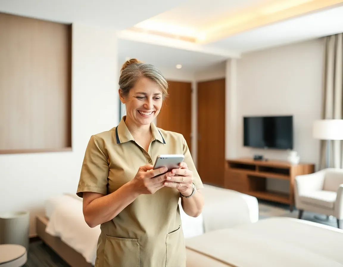 hotel housekeeper in a comfortable, modern hotel room. She is in her mid-30s to 50s, wearing a standard housekeeping uniform, smiling naturally while checking her smartphone during a break or while working