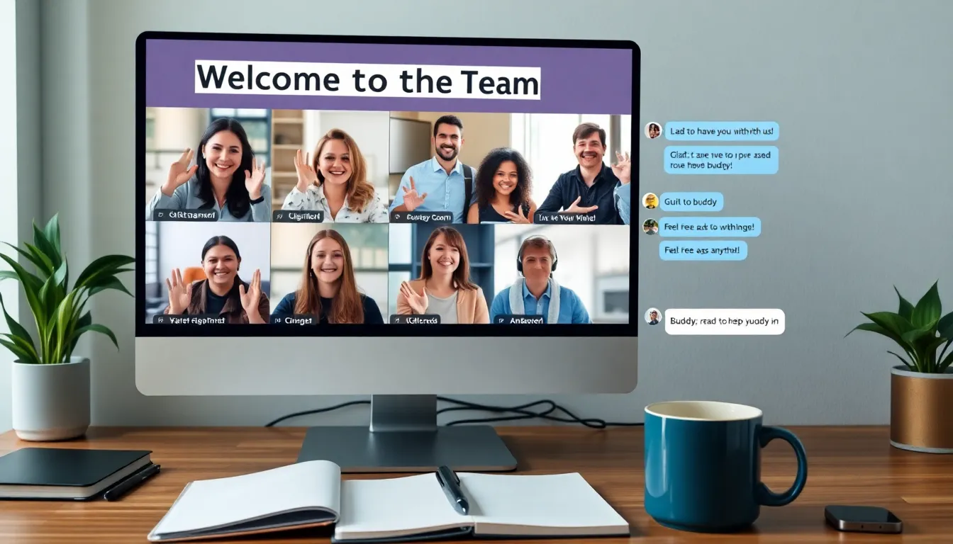 A welcoming virtual onboarding scene where a new employee is introduced to the team during a video conference. The computer screen shows multiple team members smiling and waving, with a 'Welcome to the Team' banner visible at the top of the screen. In the messaging sidebar, team members send warm, informal welcome messages like 'Glad to have you with us!' and 'Feel free to ask anything!' In the background, there’s a highlighted chat with the new employee’s 'buddy' or mentor, ready to help them settle in. The overall environment feels supportive and engaging, with a professional desk setup including a notebook, a coffee cup, and the company logo subtly visible on a notebook or mug