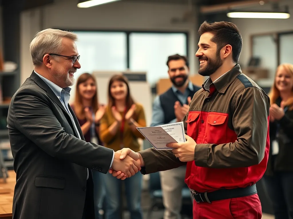 A realistic photo of a manager in a professional but relaxed setting, shaking hands with a smiling field employee (such as a technician or delivery person) while handing them a reward or certificate of appreciation. The employee is visibly happy, holding the reward, and other team members are clapping in the background, reinforcing a sense of accomplishment and team recognition. The setting should be a workplace environment, either an office or a field location, with warm lighting and a collaborative atmosphere that emphasizes the positive impact of employee recognition.