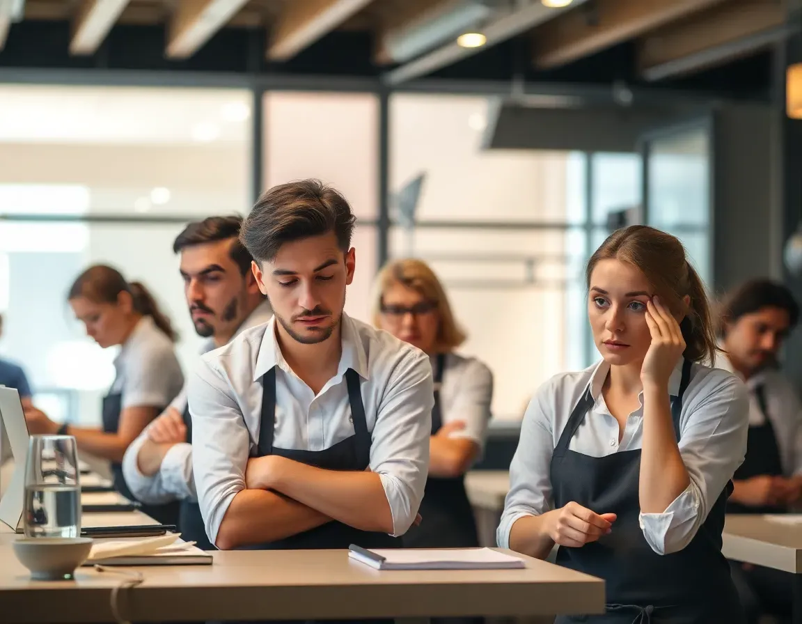 Des employés manifestement stressés, travaillant dans un environnement bondé ou sous tension (comme dans un restaurant ou un hôtel), pour illustrer les effets d’un manque de planification du recrutement.