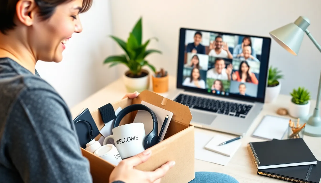 An image of a person receiving a welcome package at home, filled with branded company goodies such as a coffee mug, headphones, and a notebook. The scene shows the person smiling as they open the box, excited to discover the items. In the background, a laptop is open, displaying a video conference where colleagues are welcoming the new employee, waving or smiling. The home office setup is cozy and professional, with a desk lamp, plants, and organized stationery. The image reflects the warmth of virtual onboarding, highlighting both the personalized welcome kit and the supportive interaction through a video call. It emphasizes the theme of making new employees feel included and valued, even at a distance.