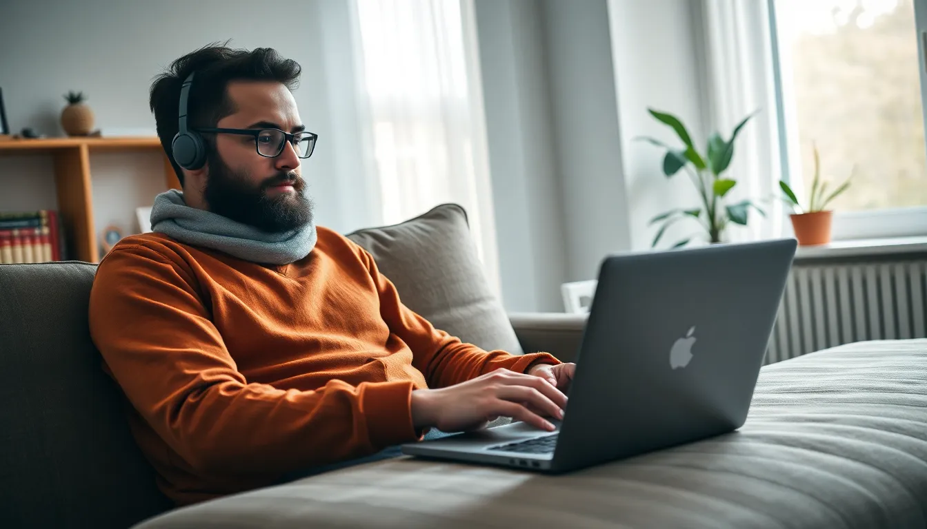 A picture of an employee working remotely from home, wearing casual clothes, and using a laptop